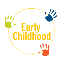 Three handprints in green, blue, and orange and the words Early Childhood