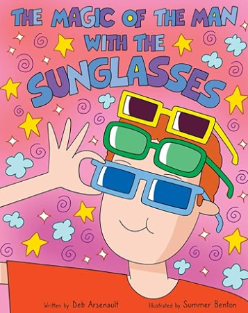 cover of the book with a drawing of a white boy with three pair of sunglasses on