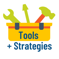 cartoon tool box with "Tools + Strategies" in blue letters