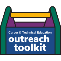 Toolbox graphic labeled Career and Technical Education outreach toolkit